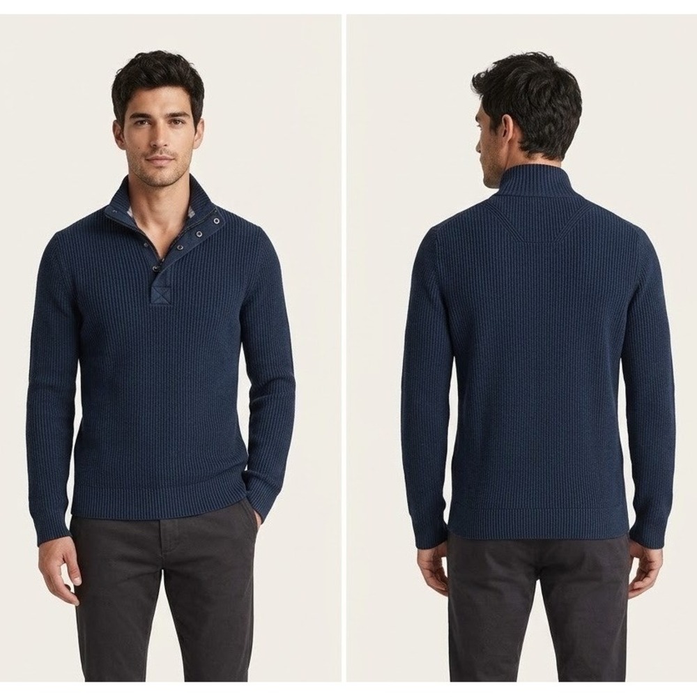 Express Mens XS Navy Blue Ribbed Knit Quarter Zip Snap Mock Neck Cotton Sweater